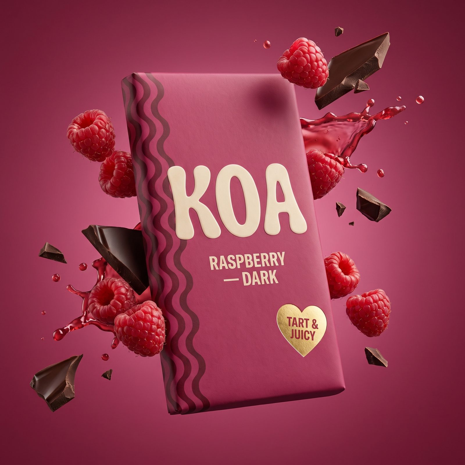 Packaging de tablette de chocolat KOA mis en scène, visuel produit créé par IA