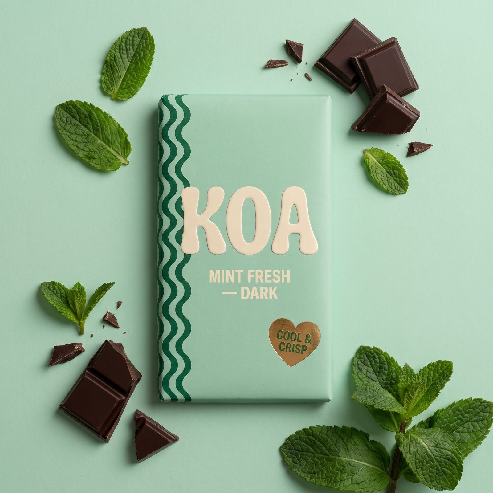 Packshot du chocolat KOA sur fond neutre, visuel e-commerce créé par IA