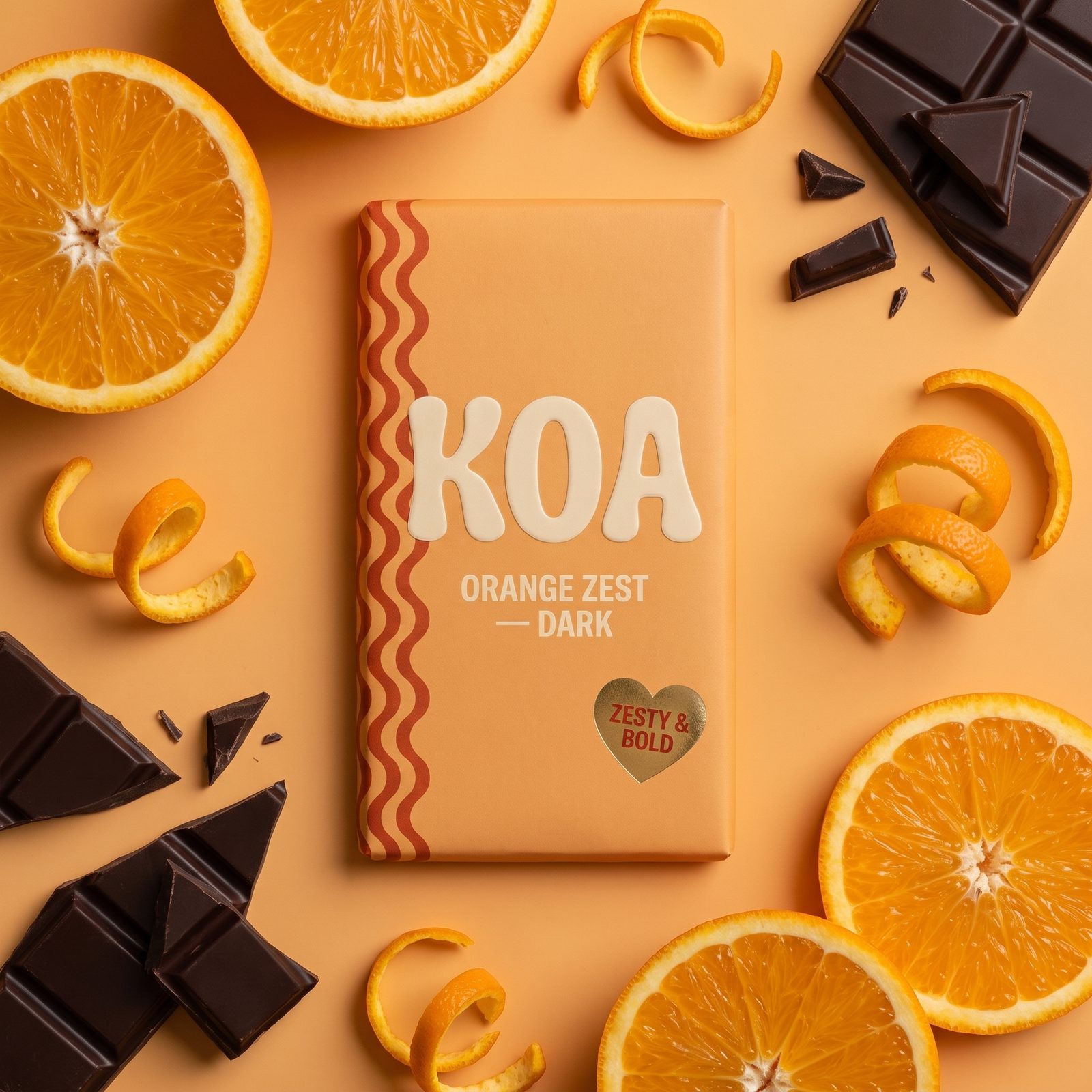 Chocolat KOA photographié en lumière studio, visuel publicitaire créé par IA