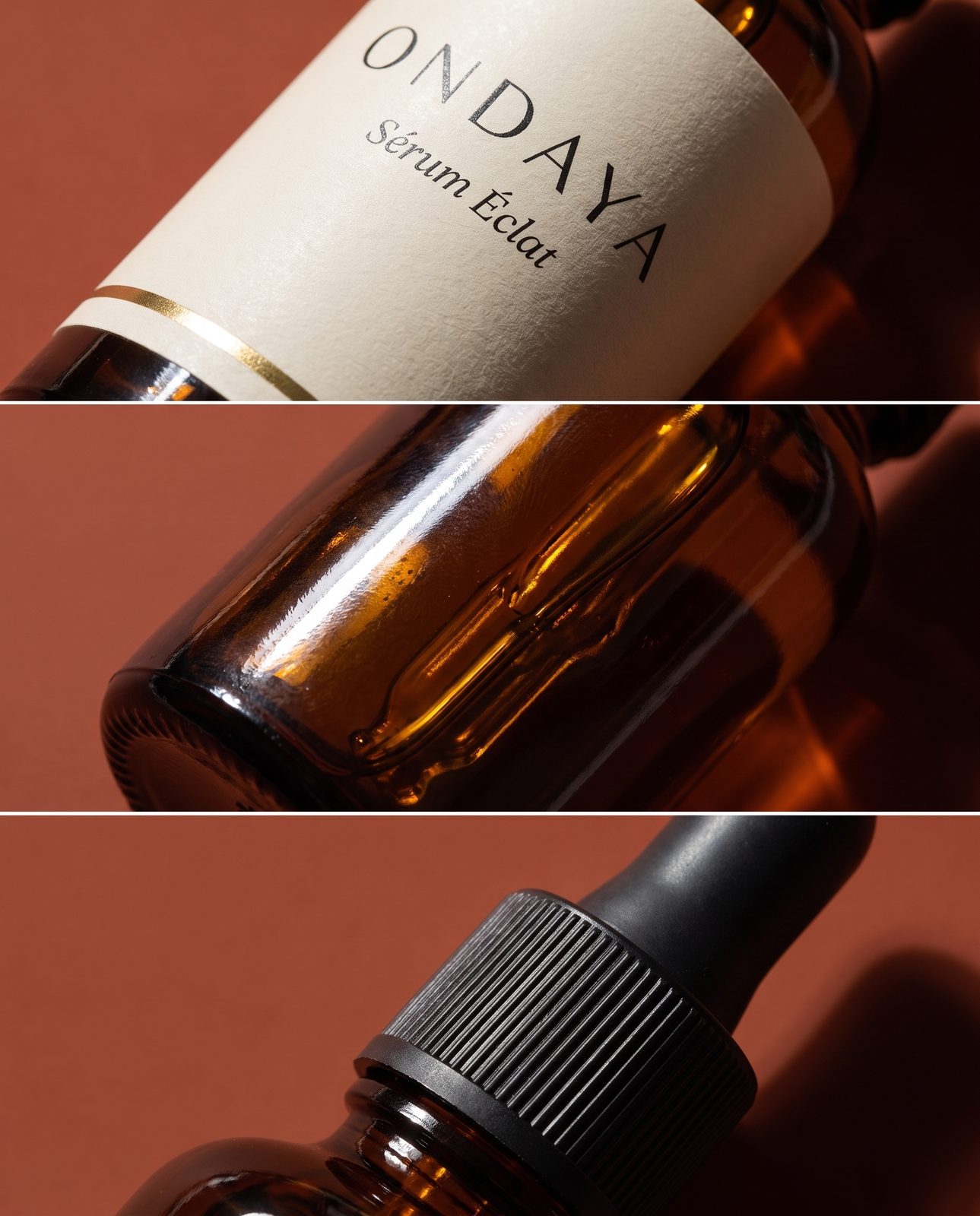 Sérum ONDAYA sur fond terracotta, visuel de campagne créé par IA